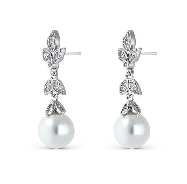 锆石叶子和珍珠的纯银耳环